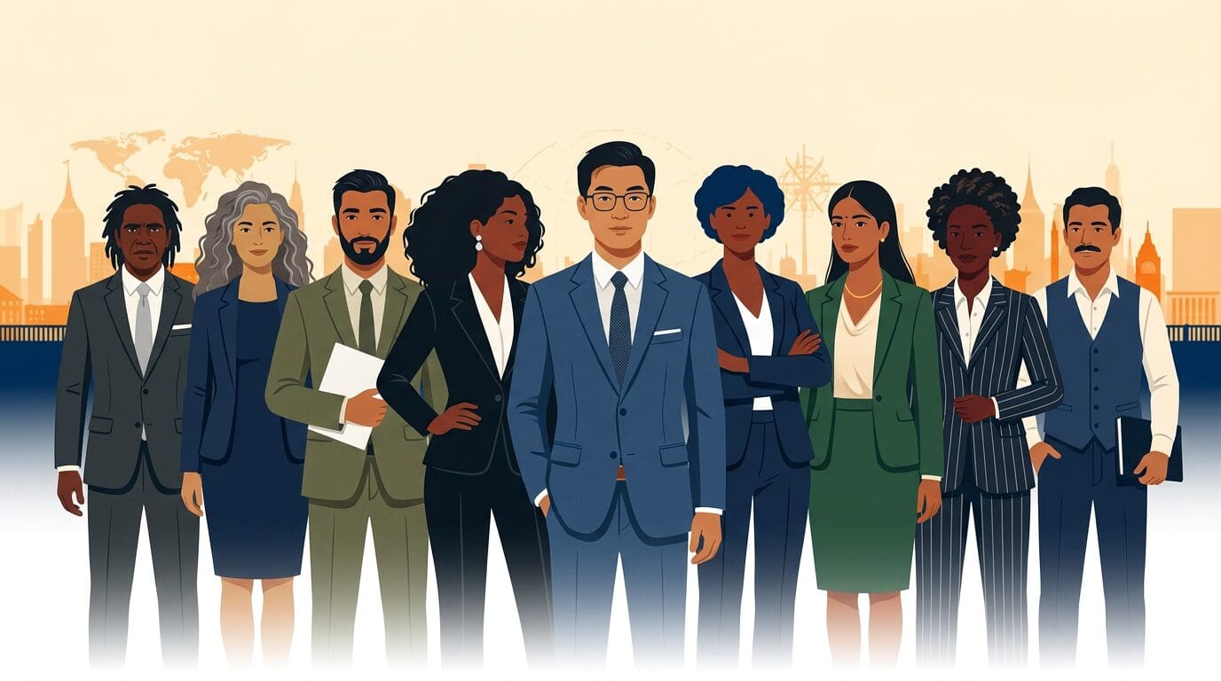 Illustrated group of diverse professionals — including a physician, engineer, and business professionals — standing before a city skyline, representing global talent contributing to the United States