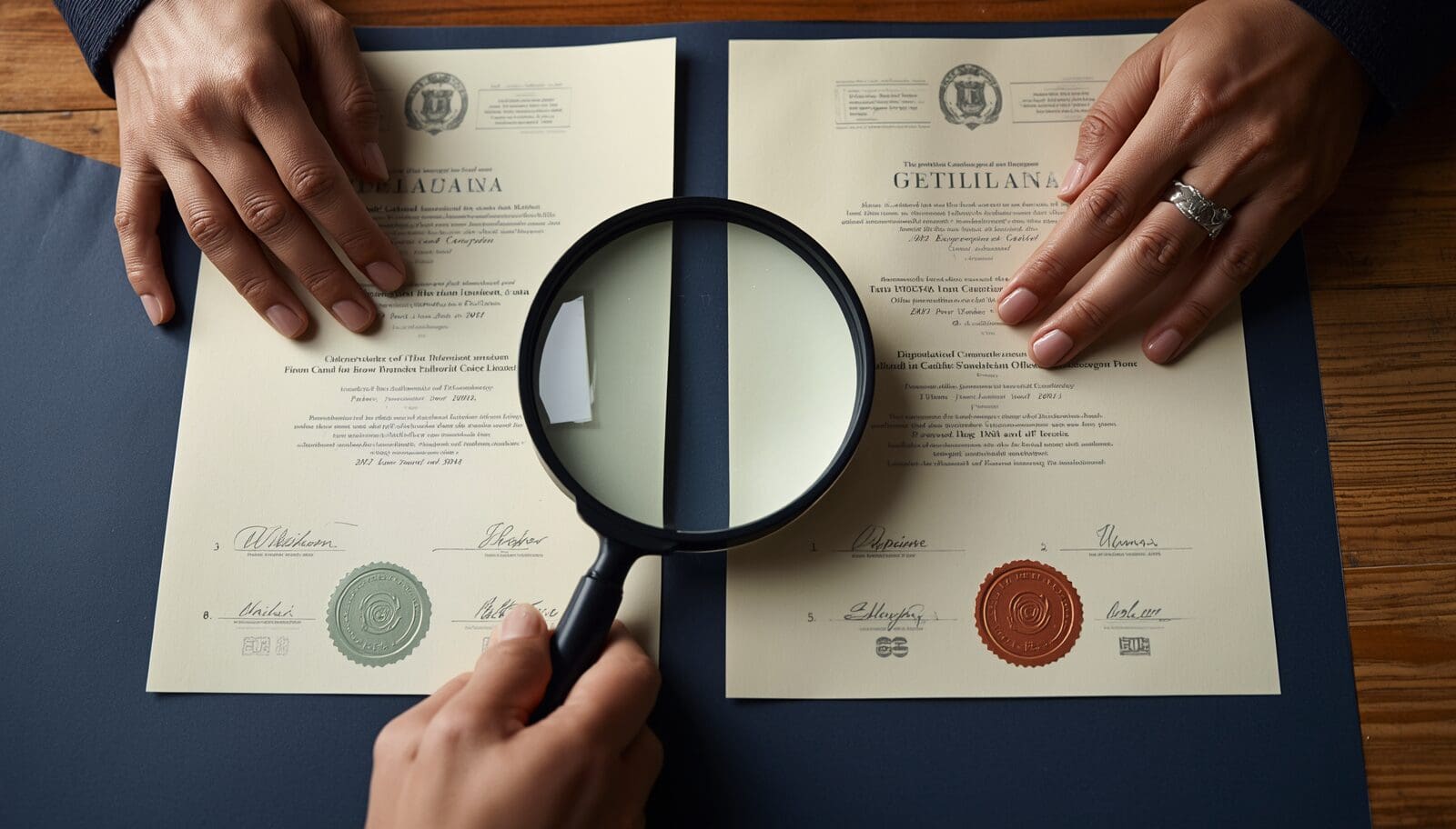 Magnifying glass comparing two academic credentials, representing a reliable credential evaluation process