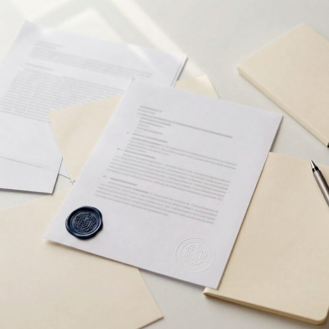 Official academic documents with a navy wax seal and embossed stamp arranged on a light desk surface, representing credentials required for a foreign credential evaluation