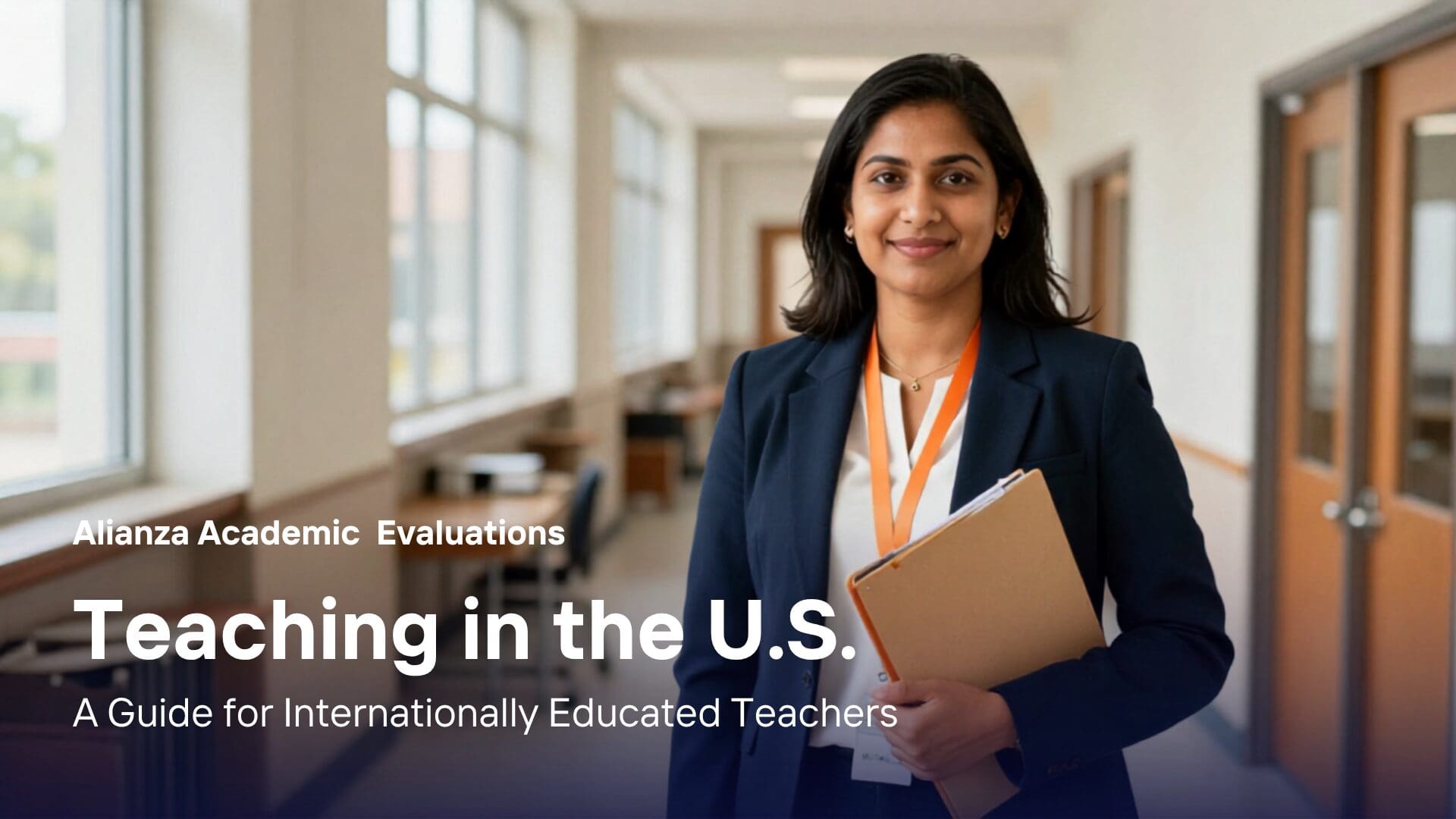 Internationally educated teacher reviewing certification documents in a U.S. school hallway