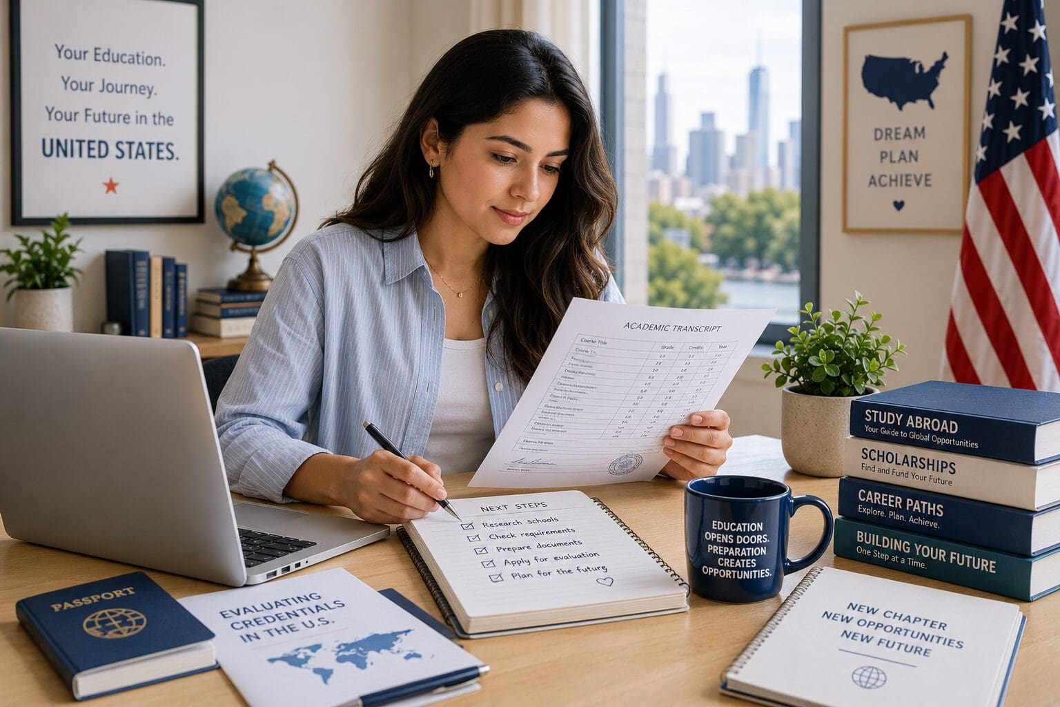 Internationally educated professional reviewing academic documents and planning next steps in the United States