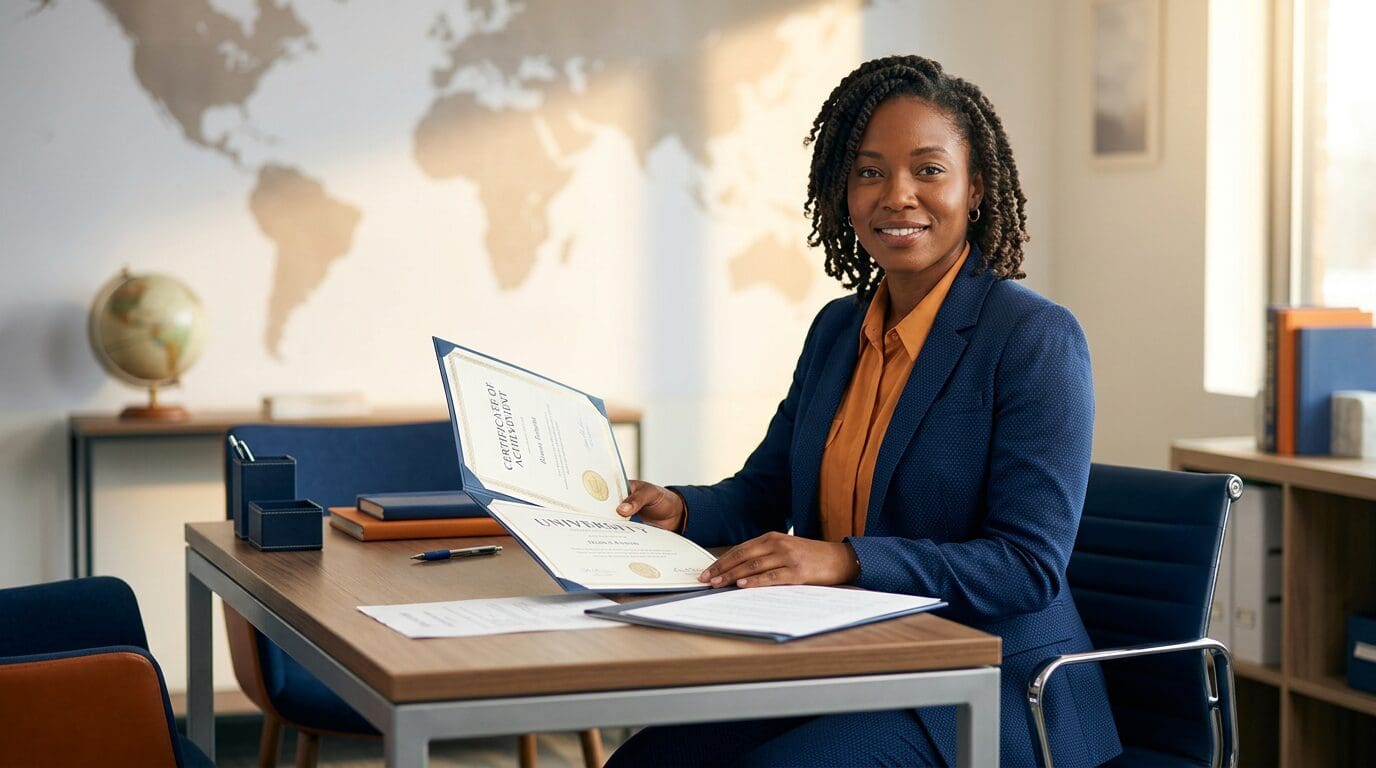 Internationally educated professional reviewing academic documents and planning next steps in the United States