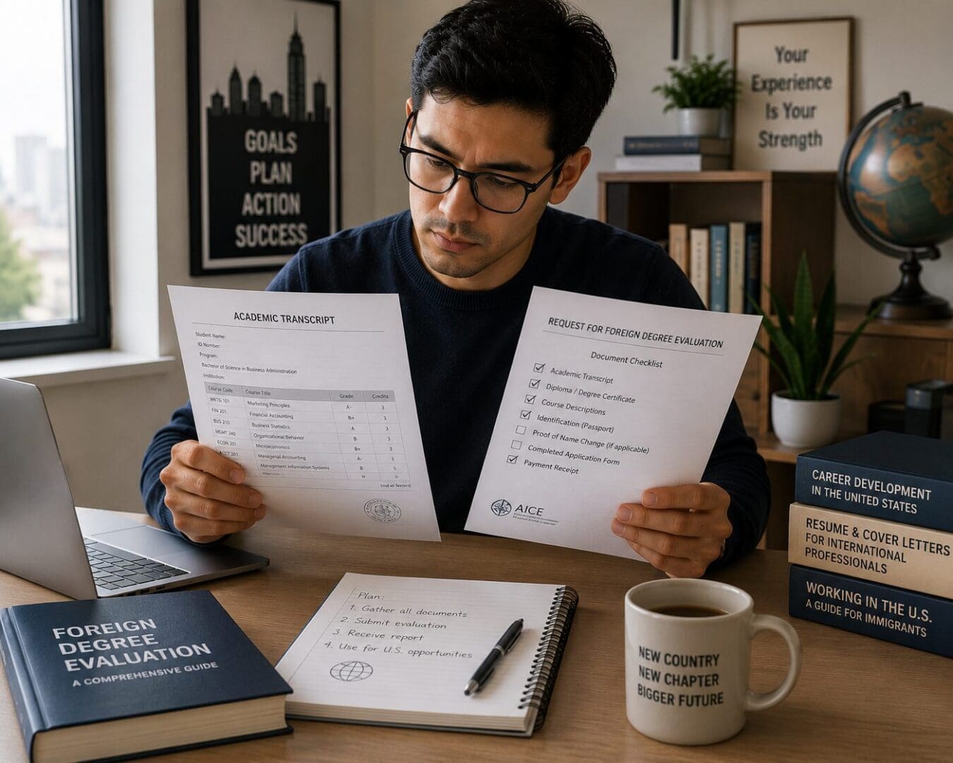 Internationally educated professional reviewing academic transcripts for a foreign degree evaluation