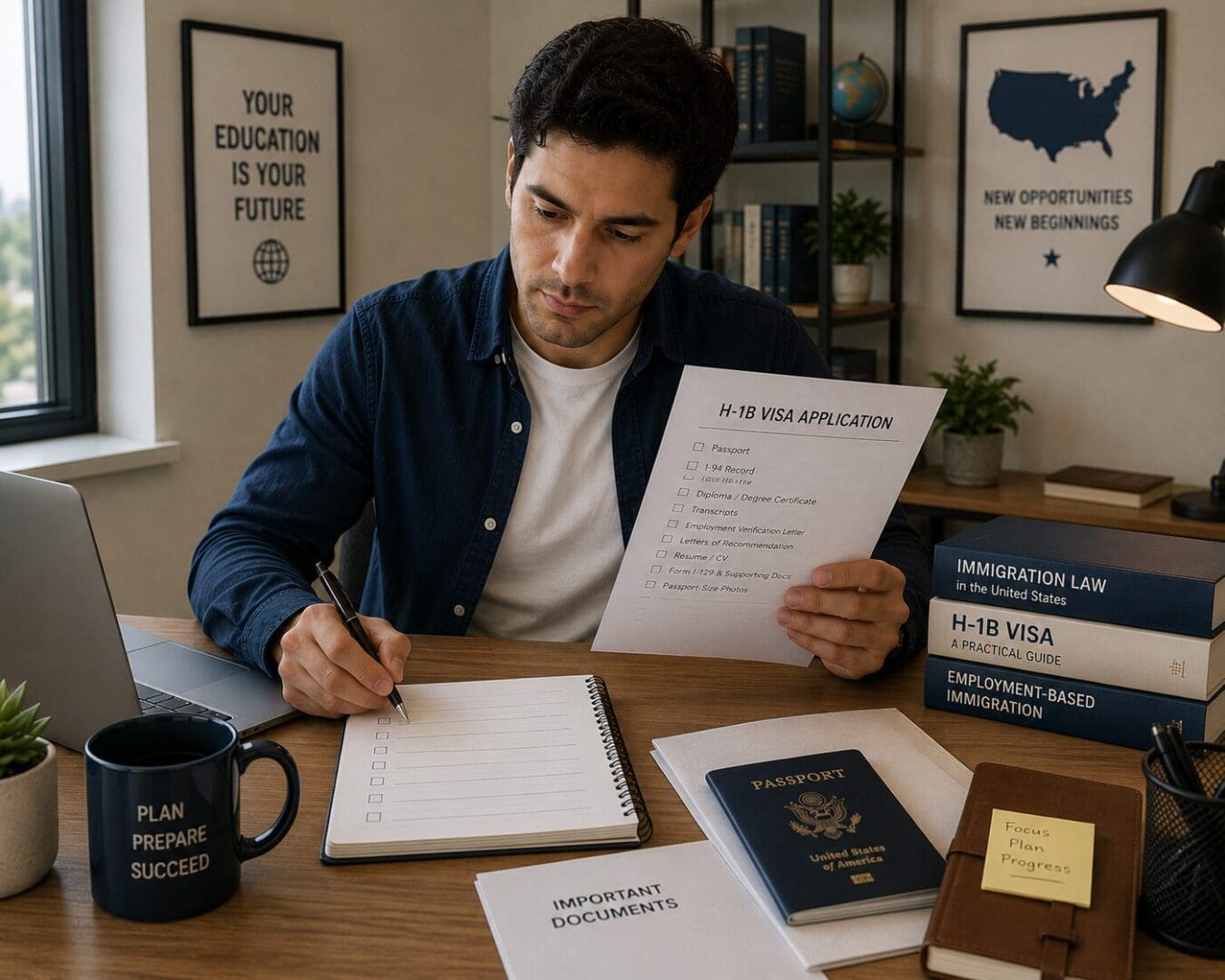 Internationally educated professional preparing documents for an H-1B visa application