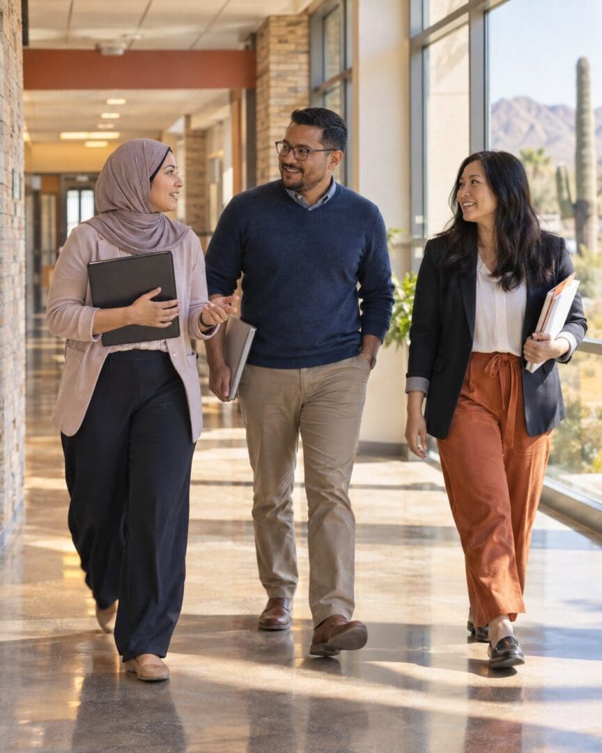 Diverse educators walking through an Arizona school corridor
