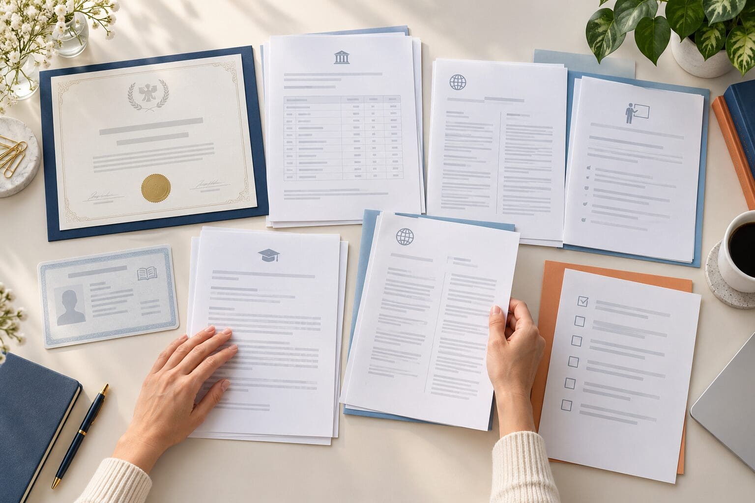 Organized transcripts, diplomas, and certified translations ready for review