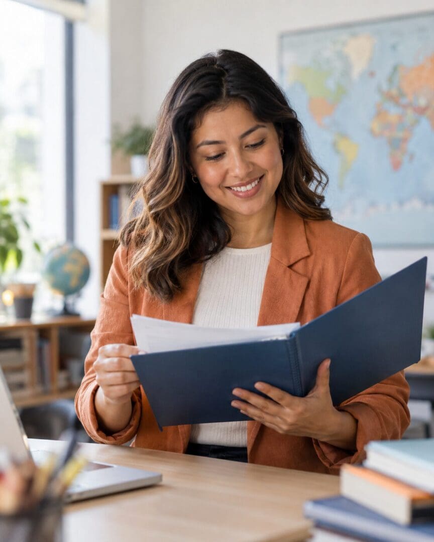 Internationally educated teacher reviewing certification documents in a bright professional education setting.