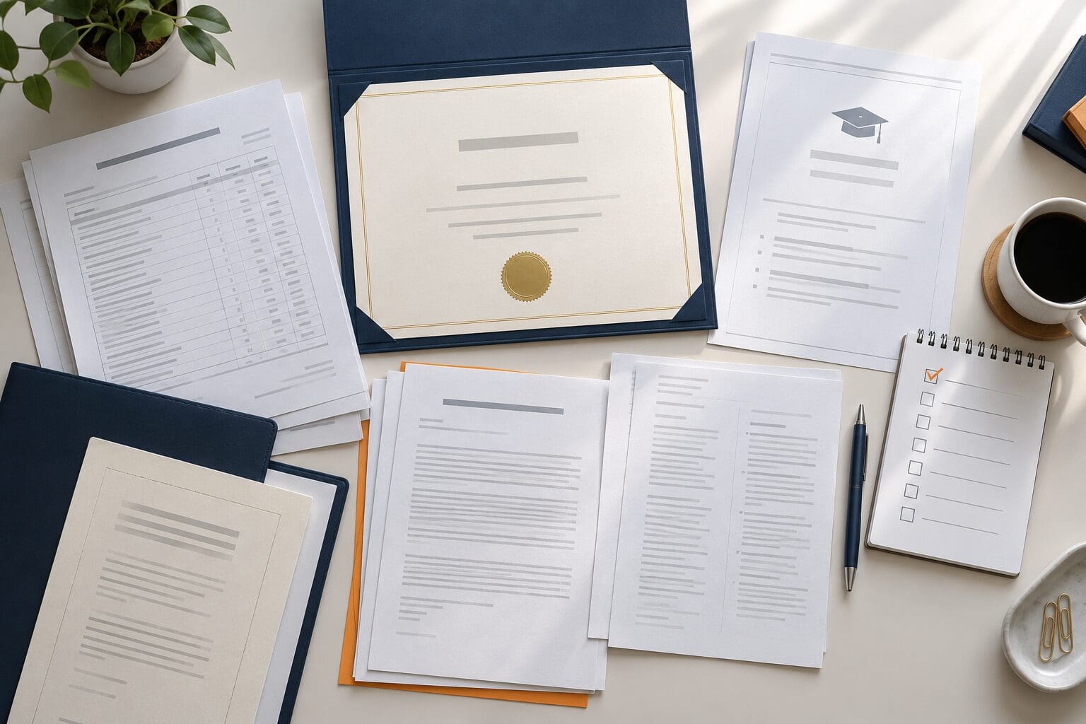 International academic records, diploma, teacher preparation documents, and evaluation checklist arranged on a desk.