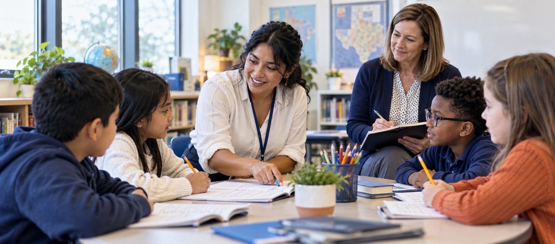 Internationally certified teacher in a modern Texas classroom